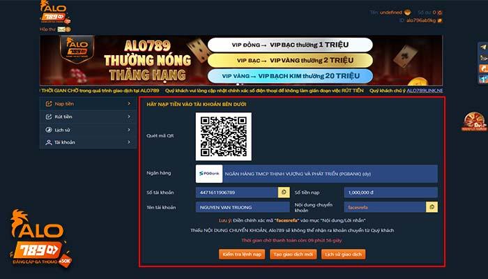 Chuyển tiền đến tài ngân hàng thụ hưởng mà ALO789 cung cấp